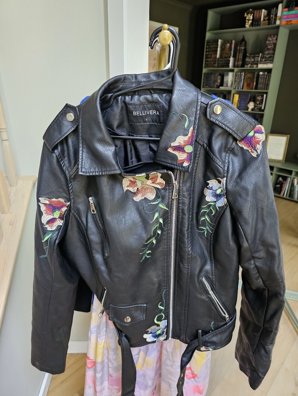 BELLIVERA Floral Vegan Leather Embroidered Moto Jacket Black - Picture 9 of 14